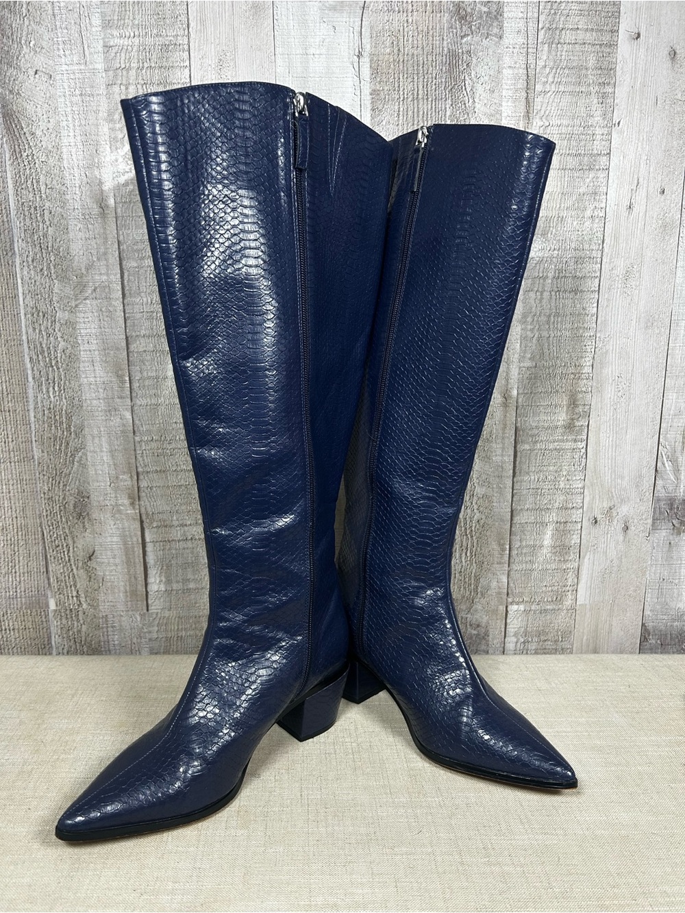 Eloquii Glimmer Navy Knee High Boots Size 8 Wide Leg Block Heel Faux Snakeskin